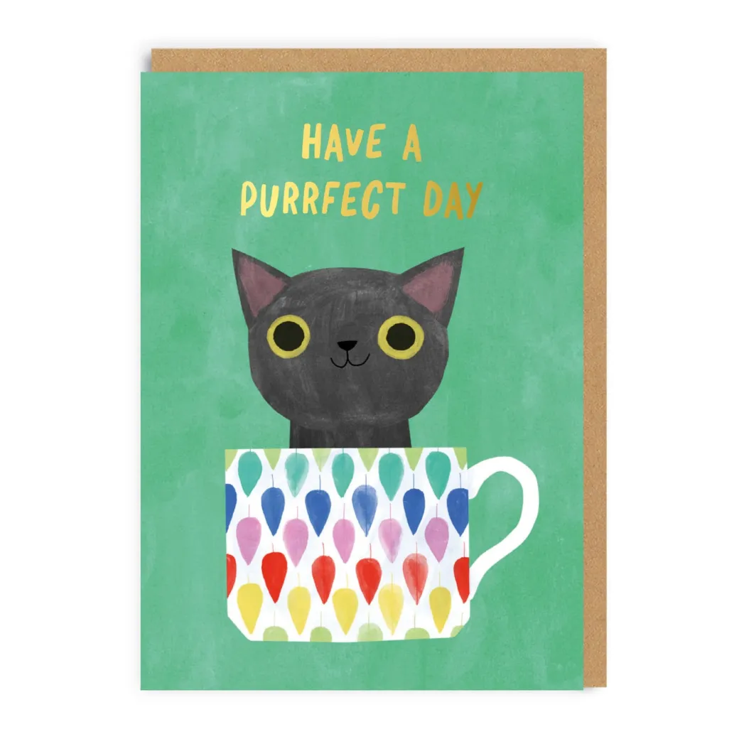 Green Teacup Cat Greeting Card | Ohh Deer