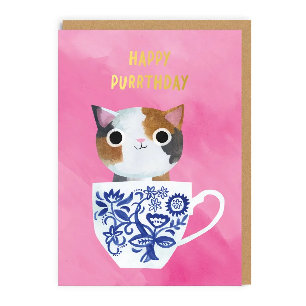 Pink Teacup Cat Birthday Card | Ohh Deer