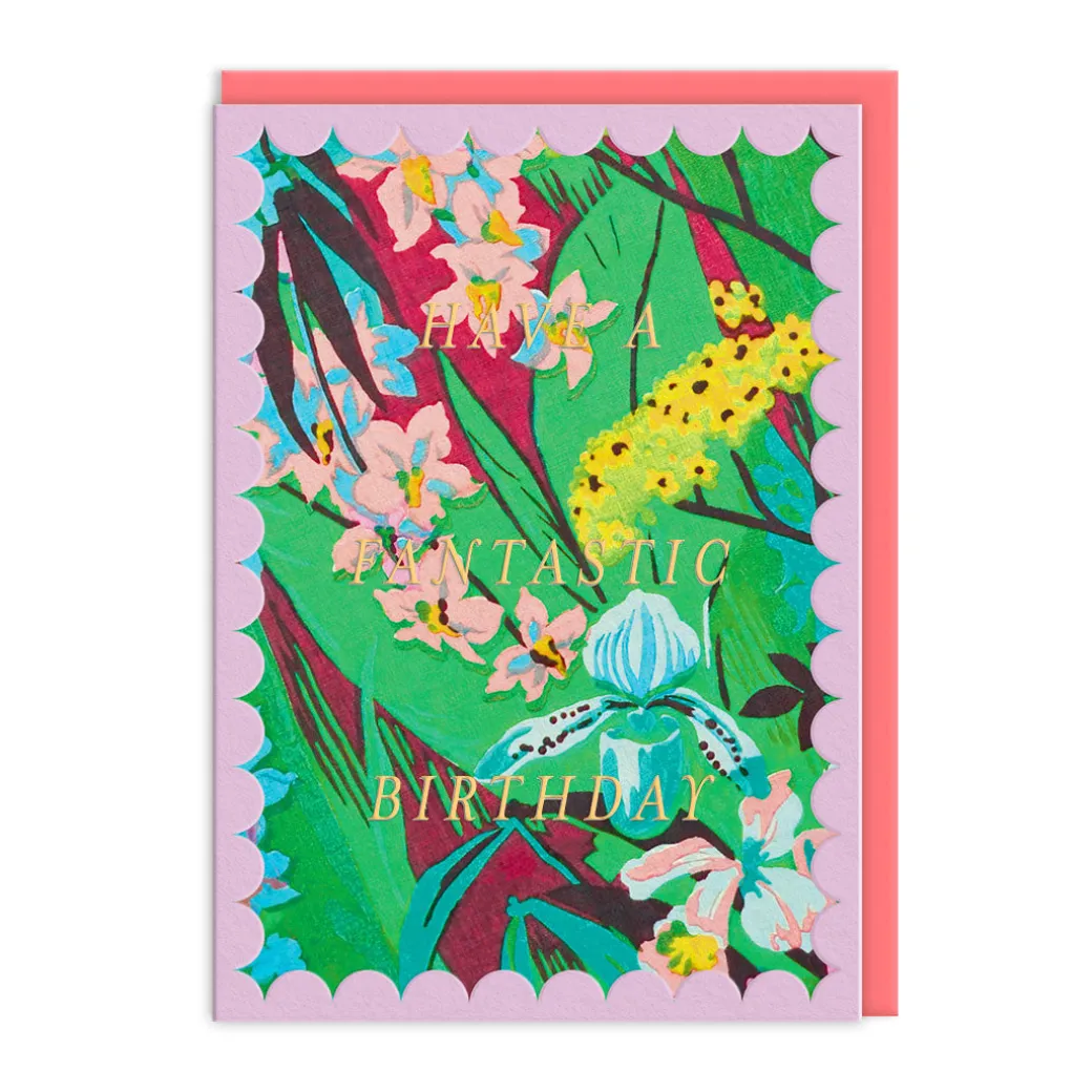 Scalloped Lilac Tropical Florals Birthday Card
